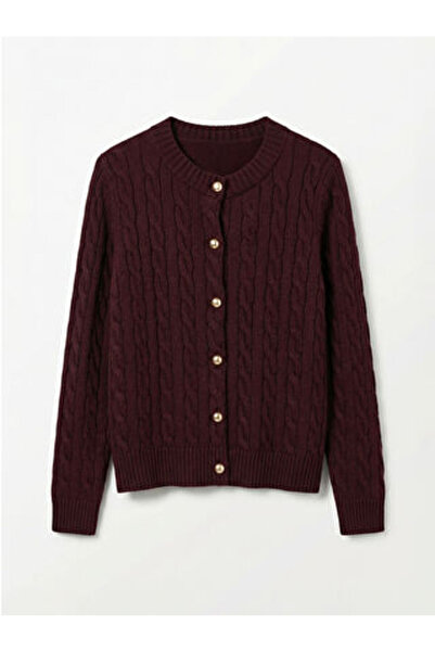 LC Waikiki Burgundy Crew Neck Patterned Women's Knitwear Cardigan