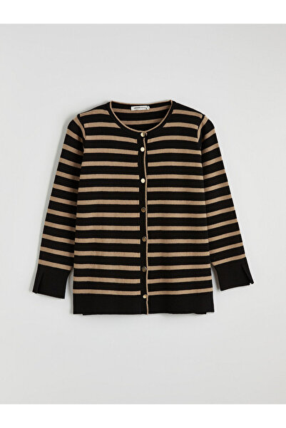 LC Waikiki Lcw Gracebeige Crew Neck Striped Women's Knitwear Cardigan