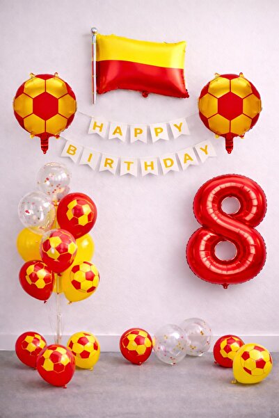 Patladı Gitti Sarı Kırmızı Futbol Temalı 8 Yaş Doğum Günü Balon Seti