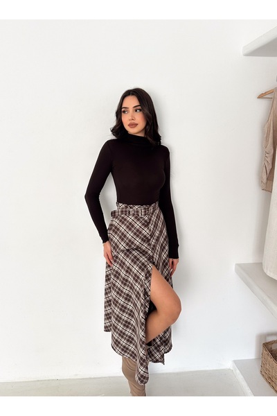 aselon Women's Belted Plaid Long Flared Skirt with Full Button Closure