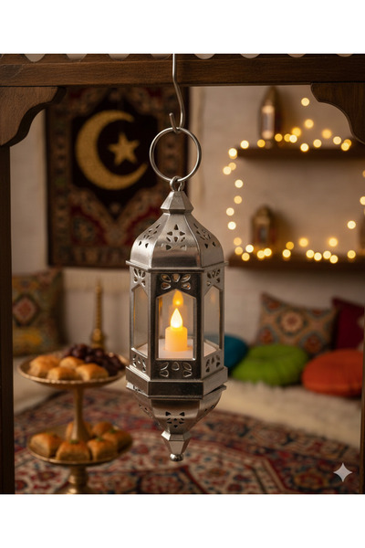 DODOMAR 20 cm Ramazan Ledli Asmalı Parlak Gümüş Fener - Pil Dahil Dekoratif R...