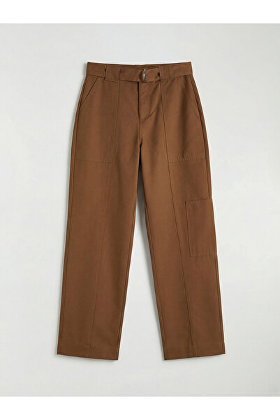 LC Waikiki Pantaloni cargo maro pentru femei, cu talie înaltă, curea piese, c...