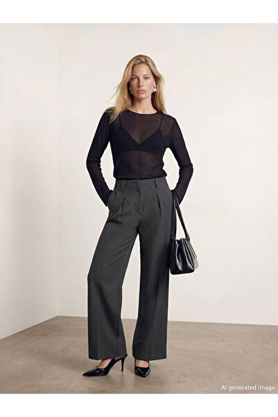 LC Waikiki Anthracite High Waist Wide Leg Women's Pleated Fabric Trousers