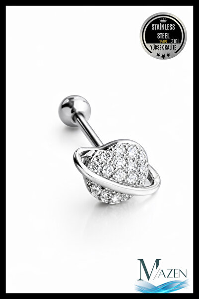 MAZEN Taşlı Gezegen Figürlü Tragus Helix Piercing | 316L Çelik Takı Gümüş Renk