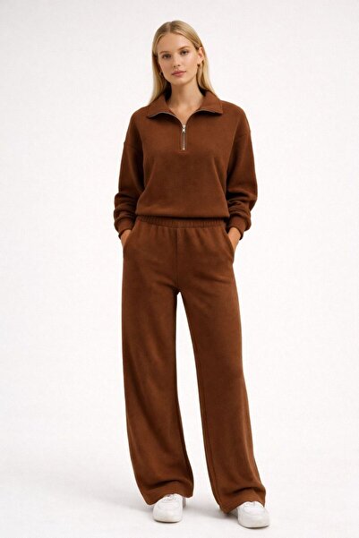 trendgar Set de trening maro din fleece gros, cu jumătate de fermoar și guler...