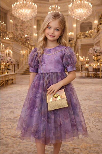 diamondstar Rochie de fetiță cu imprimeu floral, cu geantă, pentru sărbători,...