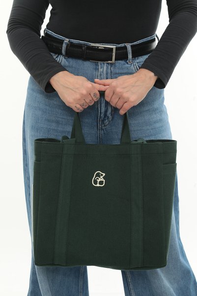 KOSTEBAG Green-1 Color Embroidered 340Gr Gabardine Fabric Bag 34X31X14Cm with Double Side Pockets, Inner Pocket and Lining