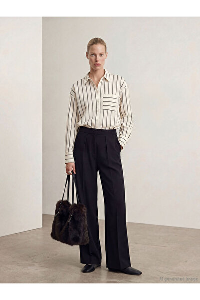 LC Waikiki Black Wide-Leg Women's Trousers with Pili Detail