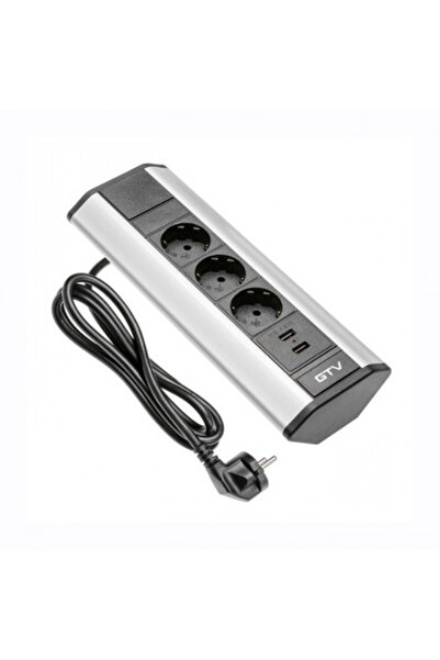 GTV Corner Socket, 3 x Schuko, 2 x USB 2.1 A-5 V, Power Cable, Silver