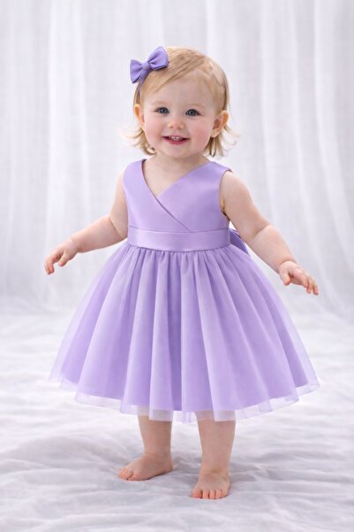 SUNEH Kız Bebek Lila Anvelop Mini Elbise Doğum Günü Saten Elbise