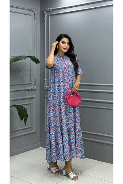 Cannes Riva Colorful Floral Patterned Casual Blue Bohemian Dress