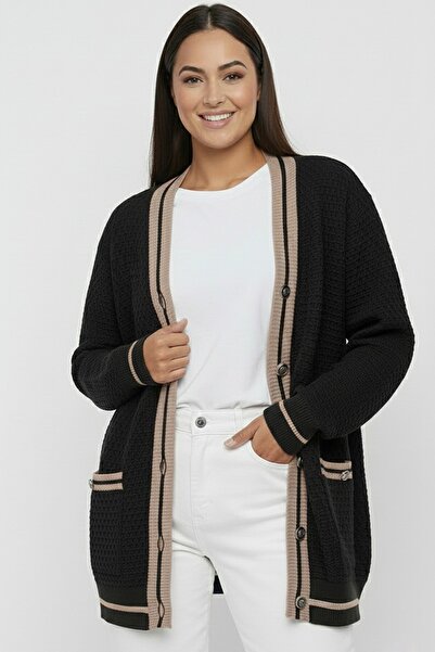 By Saygı Women's Button-Front Double-Pocket Striped Plus Size Knitwear Cardigan