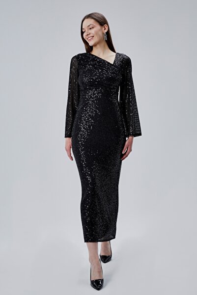 Asees Kadın Abiye ve Mezuniyet Elbise Asimetrik Yaka Korsajlı Uzun Kollu Paye...