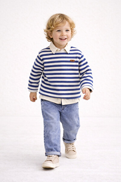 Jikko Baby Erkek Çocuk 3'lü Takım Çizgili Triko Sweat Gömlekli Denim