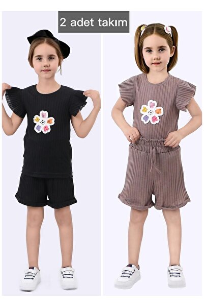 Kamex Fitili Daisy Embroidered 2-Piece Girls' Summer Short Sleeve Shorts Set