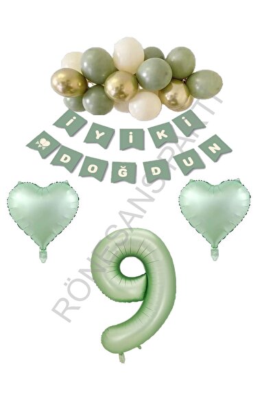 RÖNESANS PARTİ Rönesans Green Color Number Heart Banner Latex Balloon Birthda...