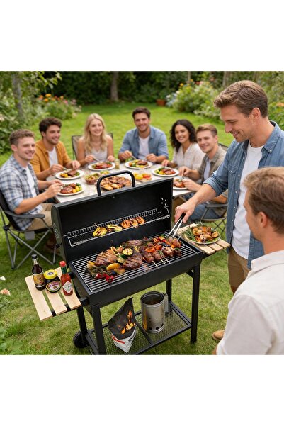 DHB tech Charcoal Grill Outdoor BBQ Grill, Barrel Charcoal Grill with Side Ta...
