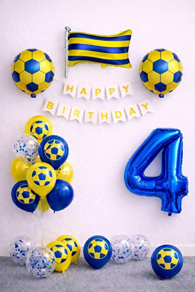 Patladı Gitti Yellow Navy Blue Football Themed 4Th Birthday Balloon Set