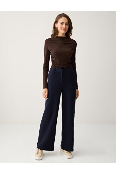 Jimmy Key Lacivert Bol Paça Yüksek Bel Örme Uzun Pantolon