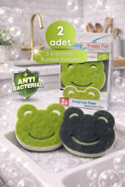 grimorlife 2’li Gülen Kurbağa Modelli Bulaşık Süngeri – 3 Katmanlı, Mutfak Te...