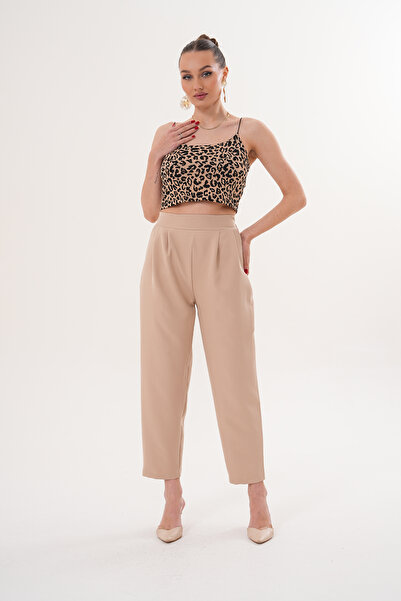 THE WOOW Women's High Waist Pleated Carrot Cut Beige Trousers