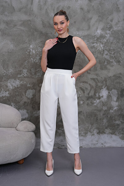 THE WOOW Women's High Waist Pleated Carrot Cut White Pants