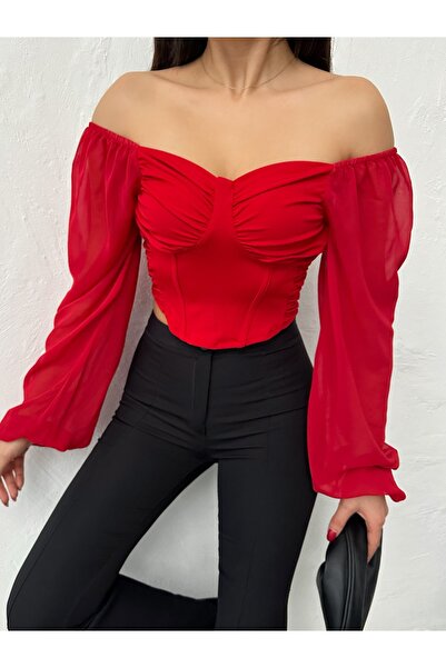 QUTTA Women's Red Madonna Collar Chiffon Blouse with Ruffled Sleeves and Dive...