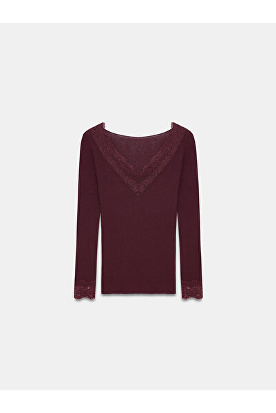 Dilvin 32311 Lace Cashmere Blouse-Burgundy