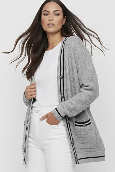 By Saygı Women's Button-Front Double-Pocket Striped Plus Size Knitwear Cardigan