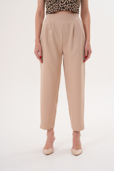 THE WOOW Women's High Waist Pleated Carrot Cut Beige Trousers