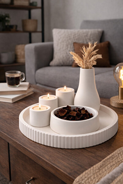 LİVANO HOME Minimal Beyaz Dekoratif Tepsi ve Mumluk Seti