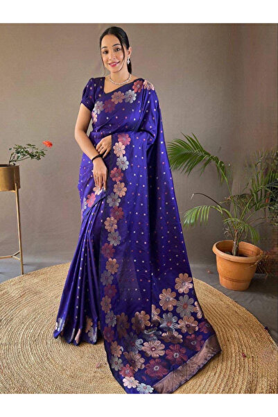 MYSMAR Blue Banarasi Soft Silk Saree - KTZ4541 | Blue