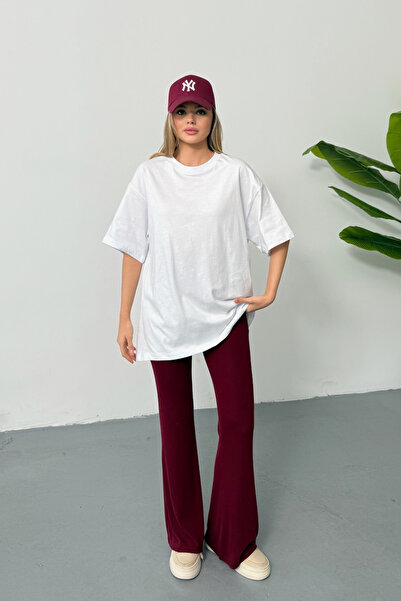 GİYSA Women's Crew Neck Oversize 100% Cotton Basic T-Shirt White - 26Y 26501