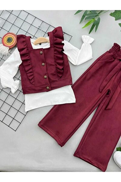 TOMICCA Girl's 3-Piece Burgundy Suede Combination Set