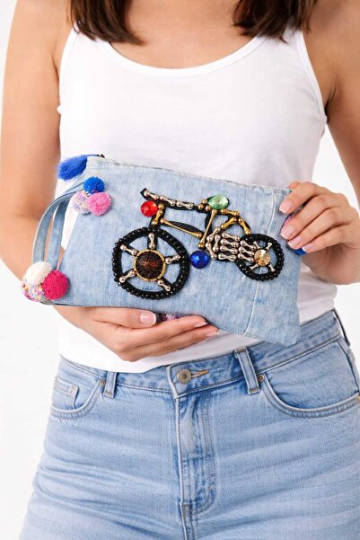 Bodrummix Bisiklet detaylı tasarım kot clutch çanta