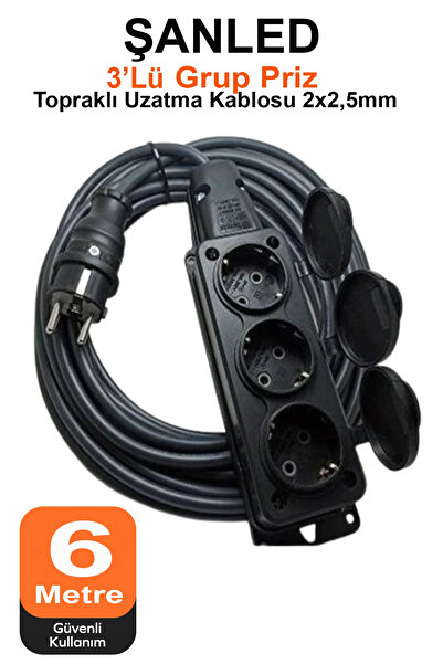 ŞANLED Siyah Kapaklı Grup Priz Topraklı 3'lü Seyyar Ara Uzatma Kablosu TTR 2x...