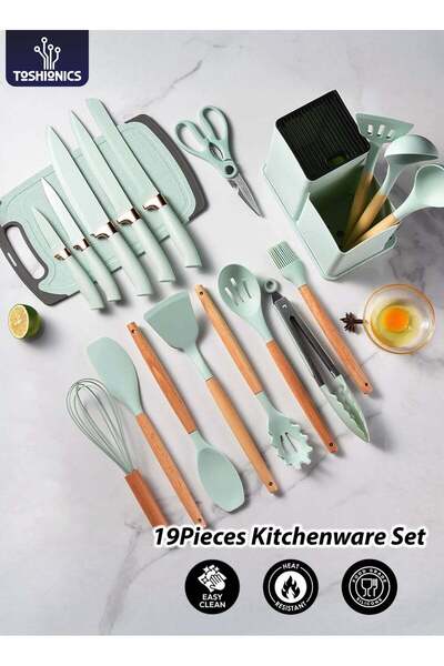 TOSHIONICS 19 PCS Silicone Kitchenware Set with Wooden Handles