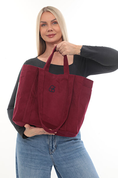 KOSTEBAG Bordo Renkli Nakışlı 340gr Gabardin Bez Çanta 34x31x14cm Çift Yan Ce...