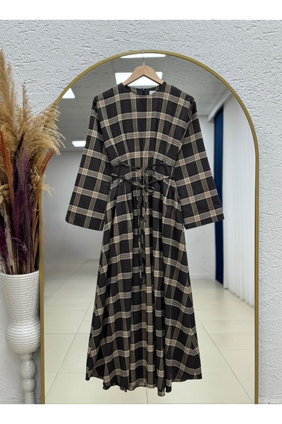 MİHRA STORE Love's Waist-Tightened Plaid Dress-Pa9823 Brown