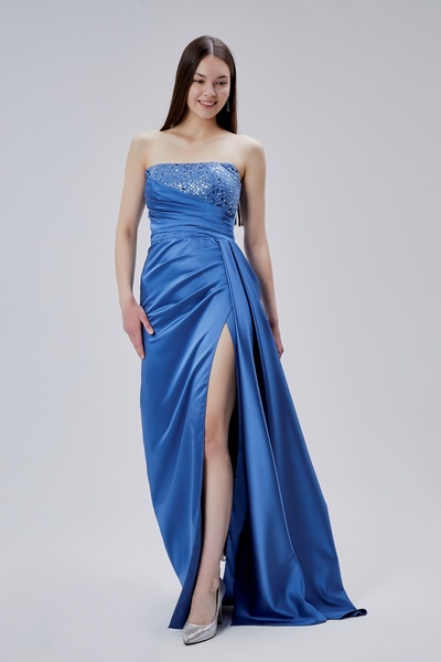 Asees Straplez Drapeli Boncuklu Saten Abiye Elbise