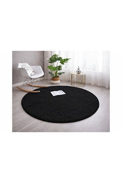 Sarar Yuvarlak Peluş Kaymaz Jel Taban Siyah Pofuduk Halı Yolluk Kilim