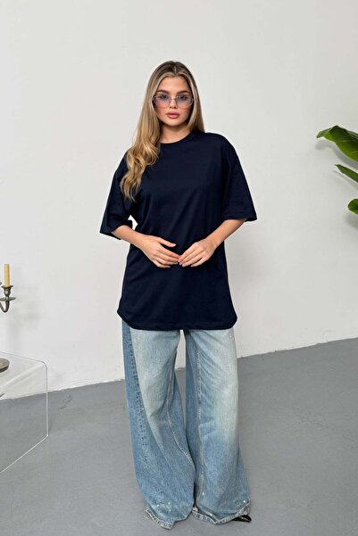 GİYSA Women's Crew Neck Oversize 100% Cotton Basic T-Shirt Navy Blue - 26Y 26501