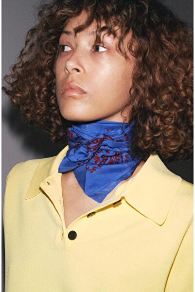 TOPTANFULARCI Şal Desenli Saks Mavili Fular 70x70 cm