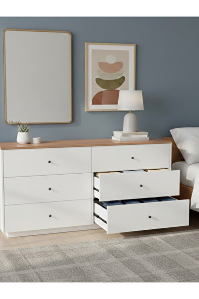 BEC13 A modern chest of drawers, a blend of white elegance and warm wood tones.