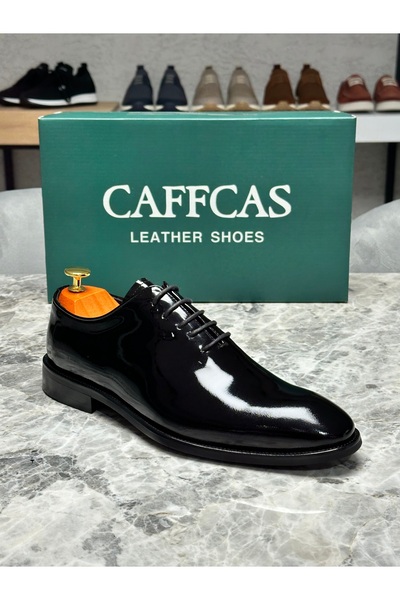 Caffcas Pantofi clasici pentru bărbați din piele naturală, piele neagră lacui...
