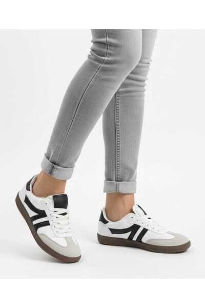 McDark Women's Sneaker Lace-Up Flat Sole Sports Shoes Sam White Black Faux Le...