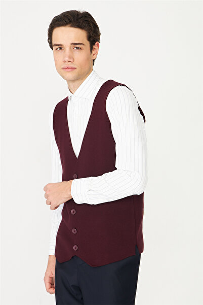 White Stone Burgundy V-Neck Buttoned Knitwear Vest