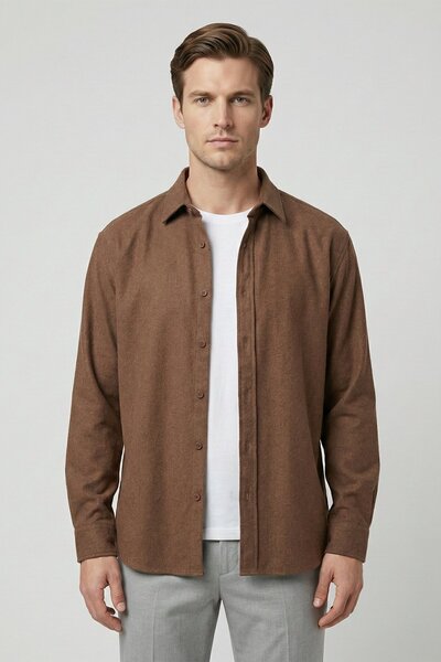 Sabri Özel Kahve Regular Fit Pamuklu Uzun Kollu Düz Oduncu Gömlek