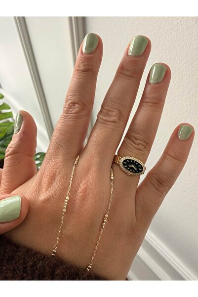 My Joyas Design ZR Model 14K Altın Kaplama Siyah Mineli Saat Görünümlü Yüzük