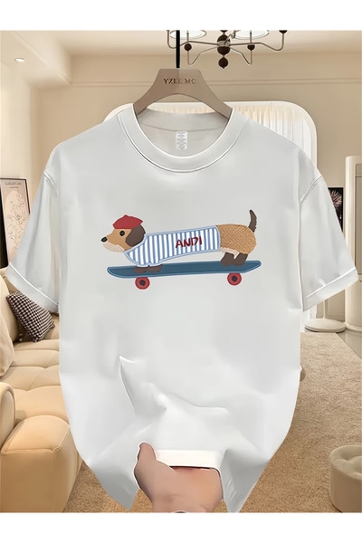 Flow touch تيشيرت أبيض مطبوع قصة فضفاضة للنساء/الرجال للجنسين